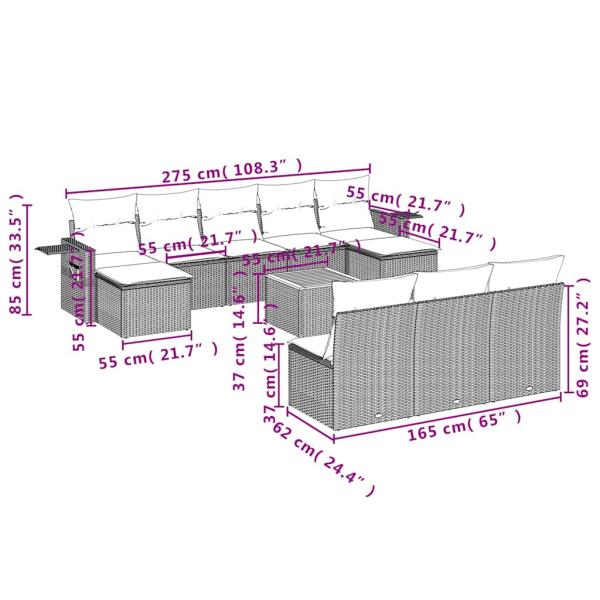 11-teiliges Gartensofa-Set mit Kissen, grau, Polyrattan