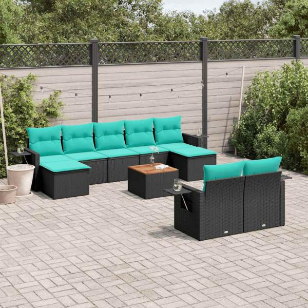 ARDEBO.de - 10-teiliges Gartensofa-Set mit Kissen, schwarzes Polyrattan