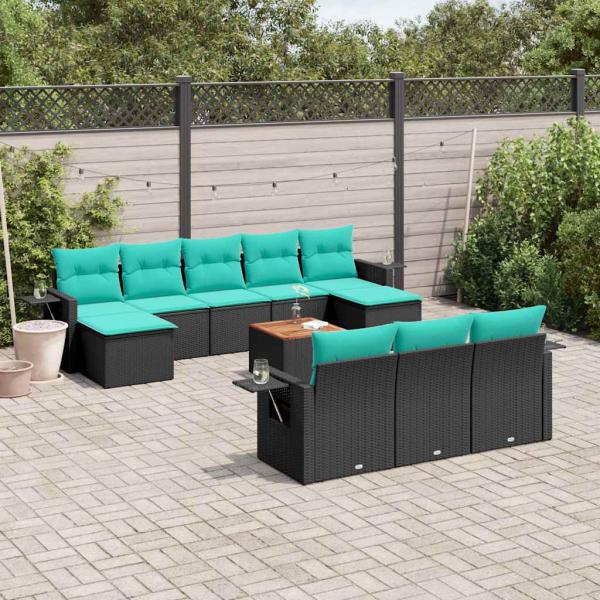 ARDEBO.de - 11-teiliges Gartensofa-Set mit Kissen, schwarzes Polyrattan