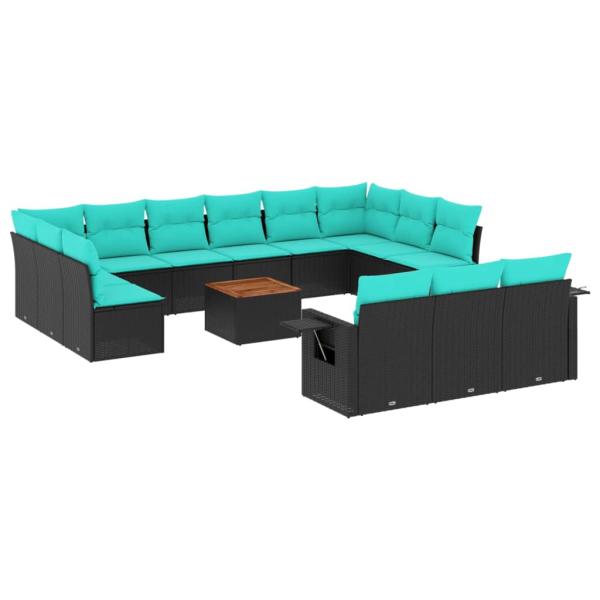 14-teiliges Gartensofa-Set mit Kissen, schwarzes Polyrattan