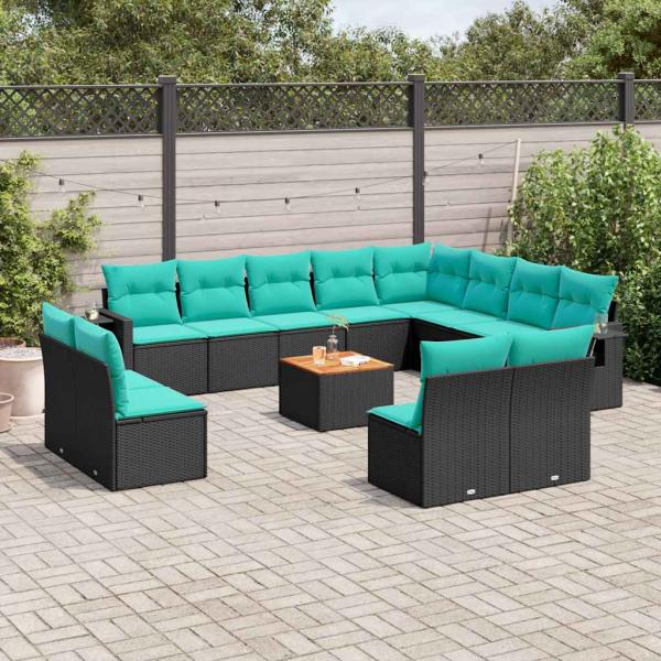 ARDEBO.de - 13-teiliges Gartensofa-Set mit Kissen, schwarzes Polyrattan