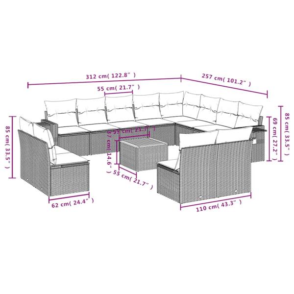 13-teiliges Gartensofa-Set mit Kissen, grau, Polyrattan