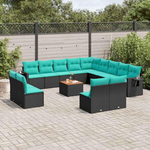 ARDEBO.de - 14-teiliges Gartensofa-Set mit Kissen, schwarzes Polyrattan