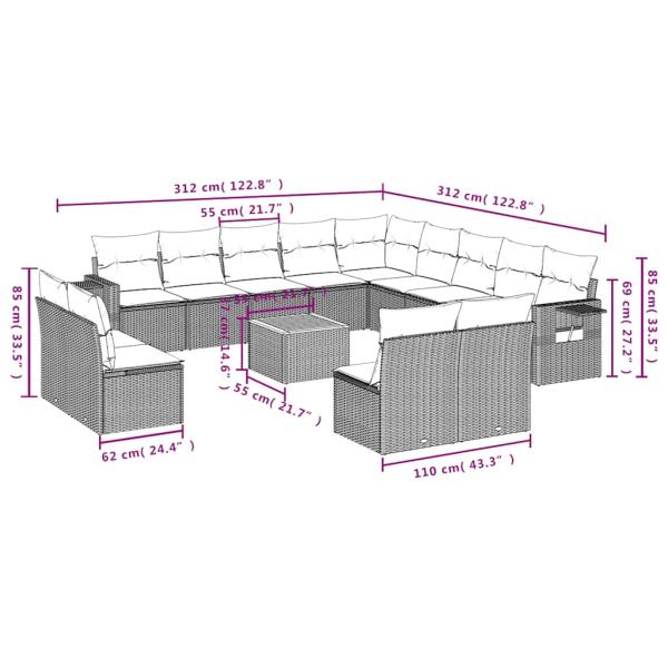 14-teiliges Gartensofa-Set mit Kissen, grau, Polyrattan