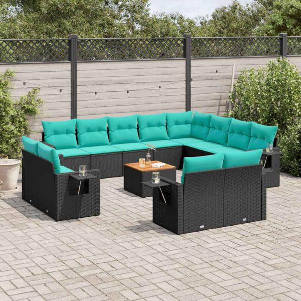 ARDEBO.de - 13-teiliges Gartensofa-Set mit Kissen, schwarzes Polyrattan