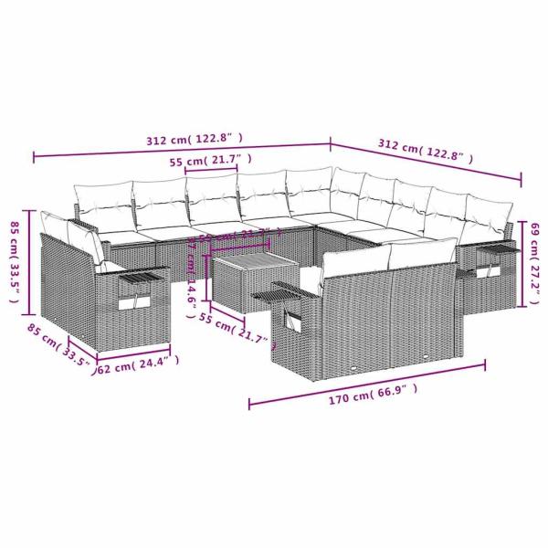 14-teiliges Gartensofa-Set mit Kissen, schwarzes Polyrattan