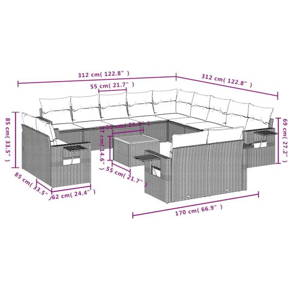14-teiliges Gartensofa-Set mit Kissen, grau, Polyrattan