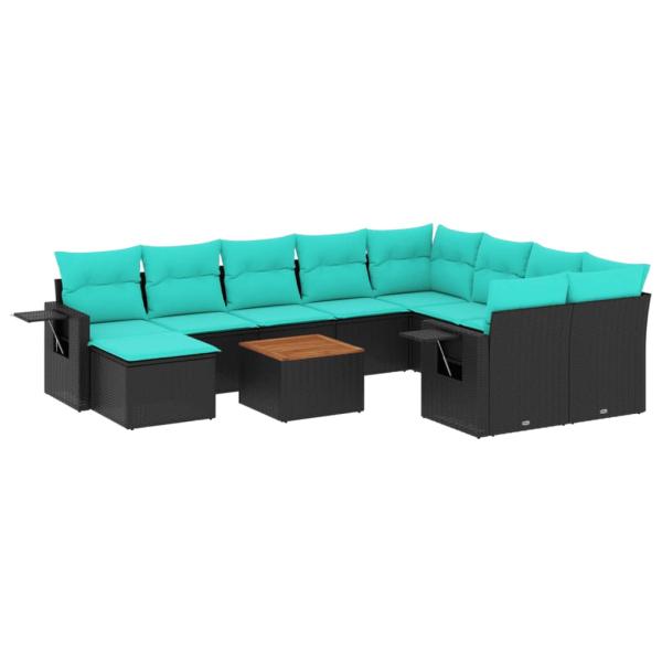 11-teiliges Gartensofa-Set mit Kissen, schwarzes Polyrattan