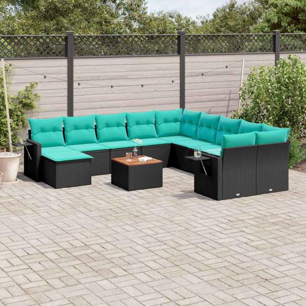 ARDEBO.de - 12-teiliges Gartensofa-Set mit Kissen, schwarzes Polyrattan