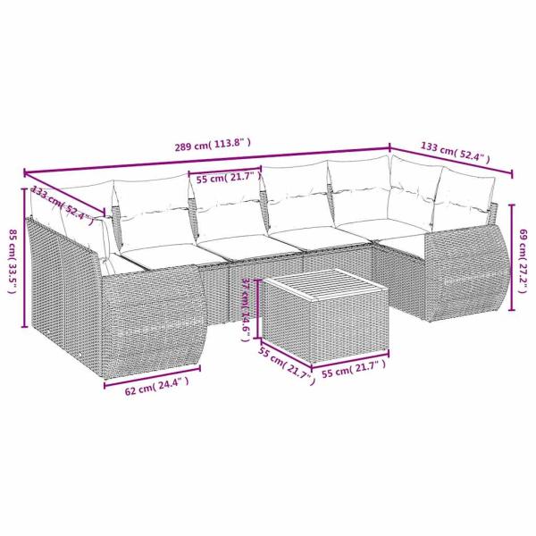 8-teiliges Gartensofa-Set mit Kissen, grau, Polyrattan