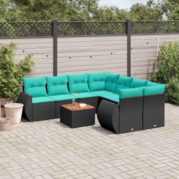 ARDEBO.de - 9-teiliges Gartensofa-Set mit Kissen, schwarzes Polyrattan