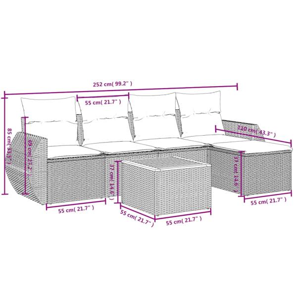 6-teiliges Gartensofa-Set mit Kissen, grau, Polyrattan