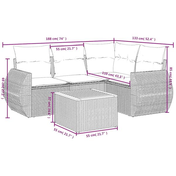 5-teiliges Gartensofa-Set mit Kissen, schwarzes Polyrattan