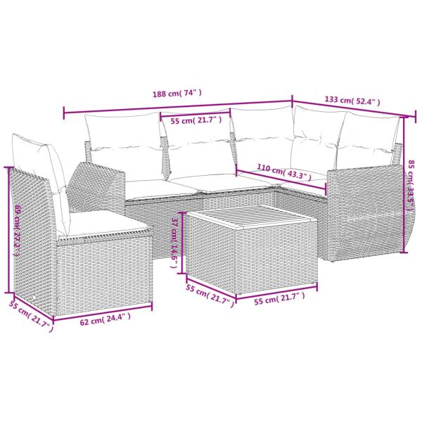 6-teiliges Gartensofa-Set mit Kissen, schwarzes Polyrattan