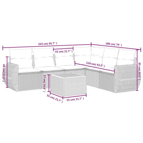 7-teiliges Gartensofa-Set mit Kissen, schwarzes Polyrattan