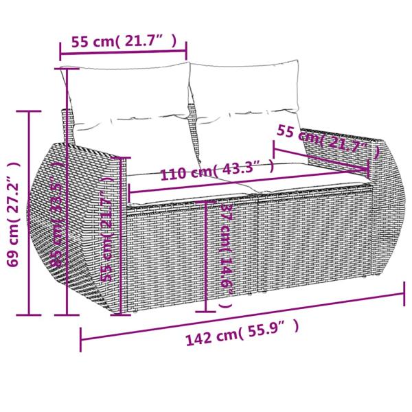 9-teiliges Gartensofa-Set mit Kissen, grau, Polyrattan
