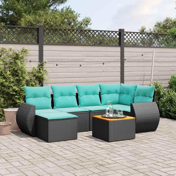 ARDEBO.de - 7-teiliges Gartensofa-Set mit Kissen, schwarzes Polyrattan