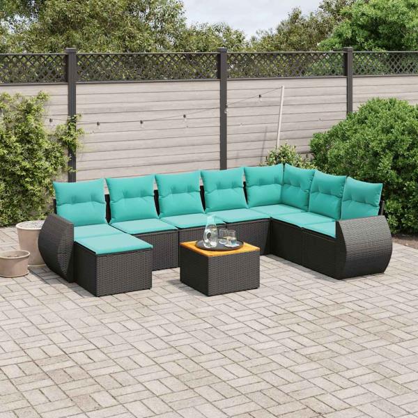 ARDEBO.de - 9-teiliges Gartensofa-Set mit Kissen, schwarzes Polyrattan