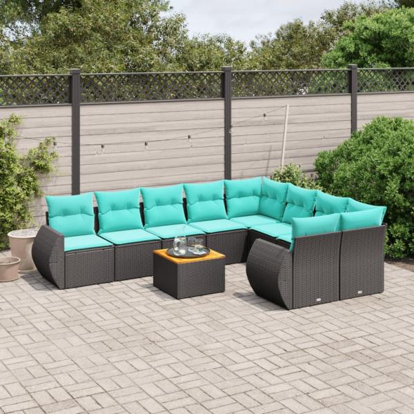 ARDEBO.de - 10-teiliges Gartensofa-Set mit Kissen, schwarzes Polyrattan