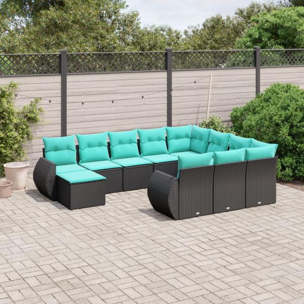 ARDEBO.de - 11-teiliges Gartensofa-Set mit Kissen, schwarzes Polyrattan