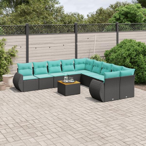 ARDEBO.de - 11-teiliges Gartensofa-Set mit Kissen, schwarzes Polyrattan