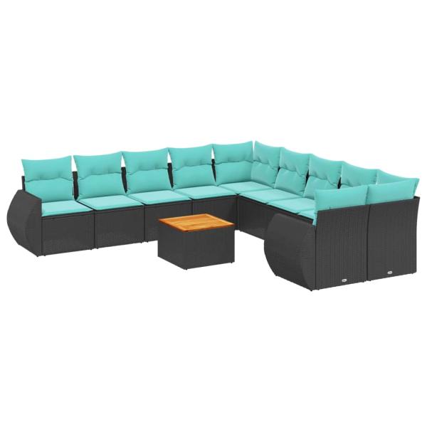11-teiliges Gartensofa-Set mit Kissen, schwarzes Polyrattan