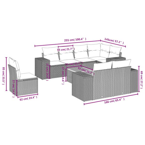 9-teiliges Gartensofa-Set mit Kissen, grau, Polyrattan