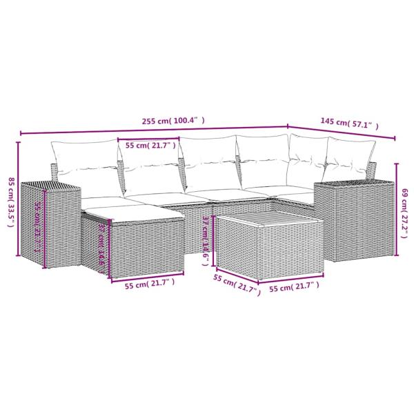 7-teiliges Gartensofa-Set mit Kissen, schwarzes Polyrattan