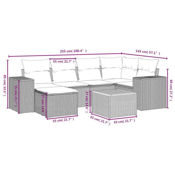 7-teiliges Gartensofa-Set mit Kissen, grau, Polyrattan