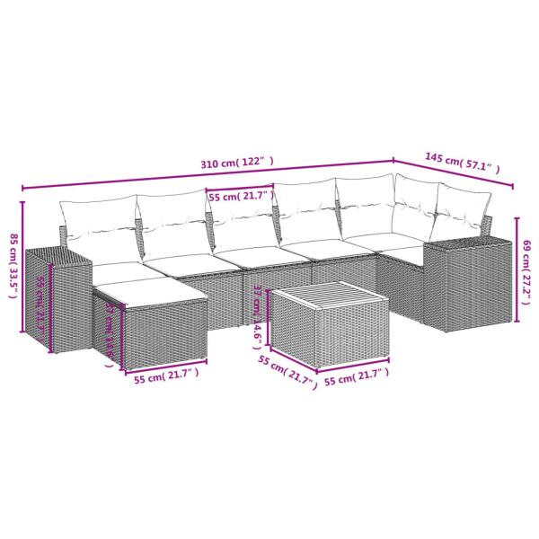 8-teiliges Gartensofa-Set mit Kissen, grau, Polyrattan