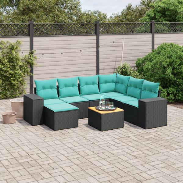 ARDEBO.de - 8-teiliges Gartensofa-Set mit Kissen, schwarzes Polyrattan