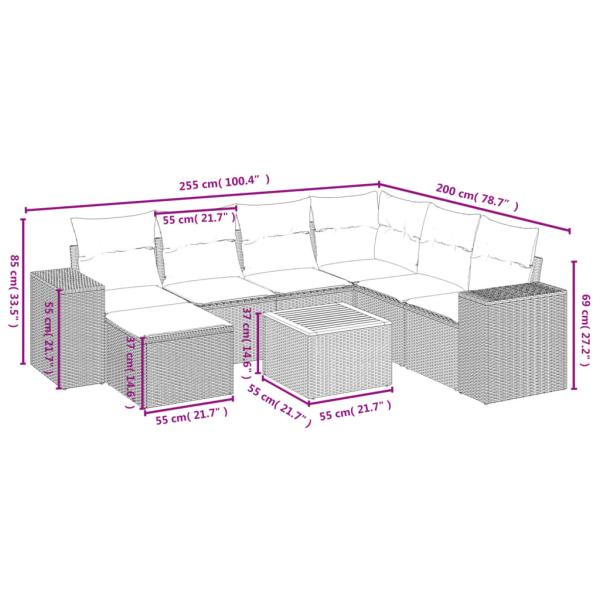 8-teiliges Gartensofa-Set mit Kissen, schwarzes Polyrattan
