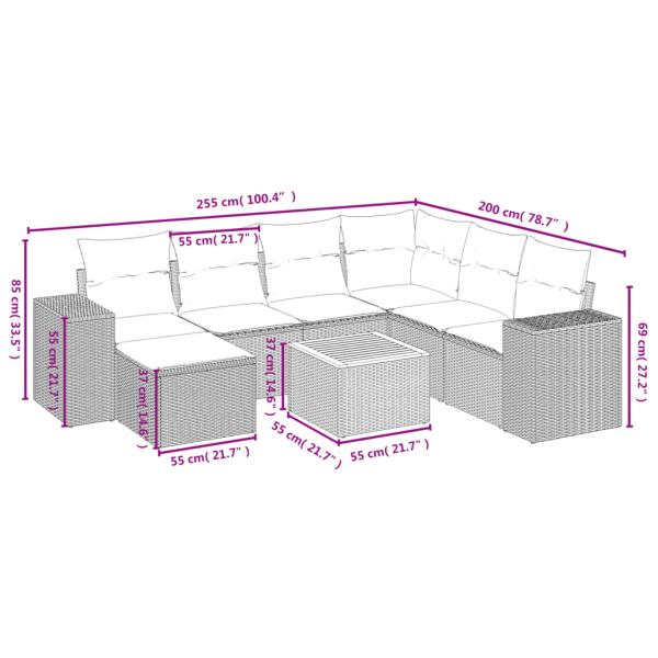 8-teiliges Gartensofa-Set mit Kissen, grau, Polyrattan