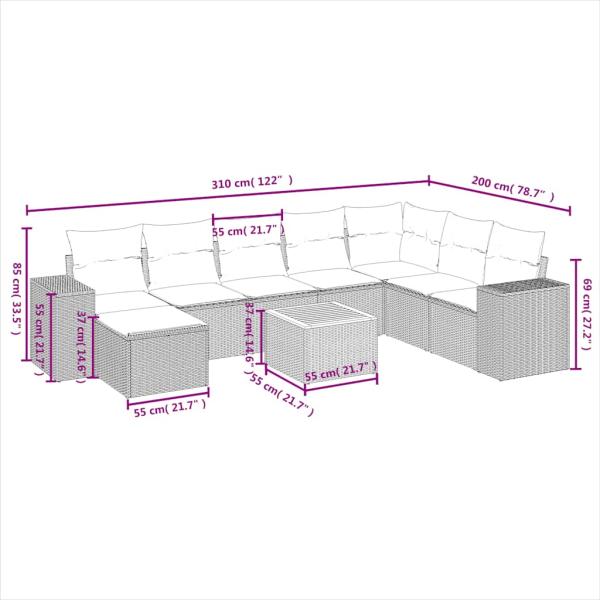 9-teiliges Gartensofa-Set mit Kissen, schwarzes Polyrattan