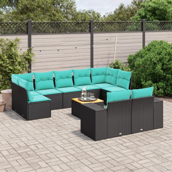 ARDEBO.de - 10-teiliges Gartensofa-Set mit Kissen, schwarzes Polyrattan