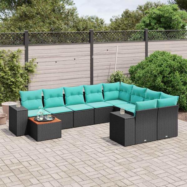 ARDEBO.de - 10-teiliges Gartensofa-Set mit Kissen, schwarzes Polyrattan