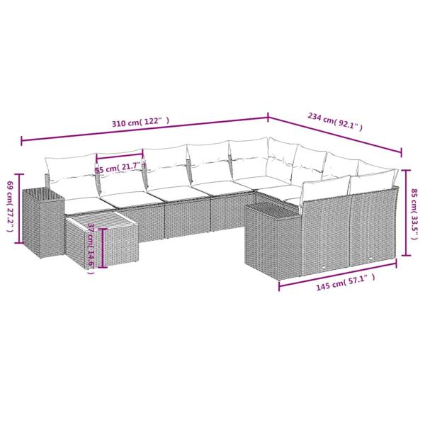 10-teiliges Gartensofa-Set mit Kissen, schwarzes Polyrattan