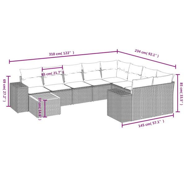 10-teiliges Gartensofa-Set mit Kissen, grau, Polyrattan