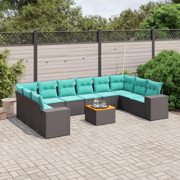 ARDEBO.de - 11-teiliges Gartensofa-Set mit Kissen, schwarzes Polyrattan