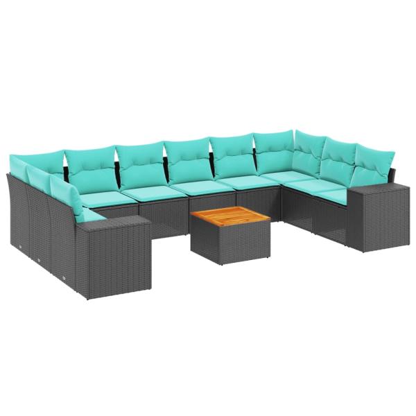 11-teiliges Gartensofa-Set mit Kissen, schwarzes Polyrattan