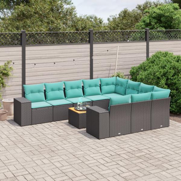 ARDEBO.de - 11-teiliges Gartensofa-Set mit Kissen, schwarzes Polyrattan