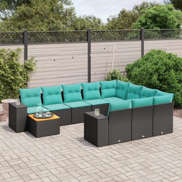 ARDEBO.de - 11-teiliges Gartensofa-Set mit Kissen, schwarzes Polyrattan