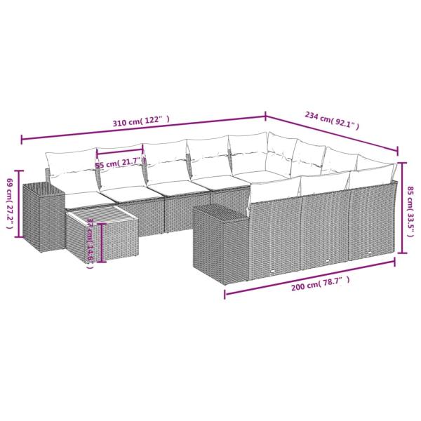 11-teiliges Gartensofa-Set mit Kissen, schwarzes Polyrattan