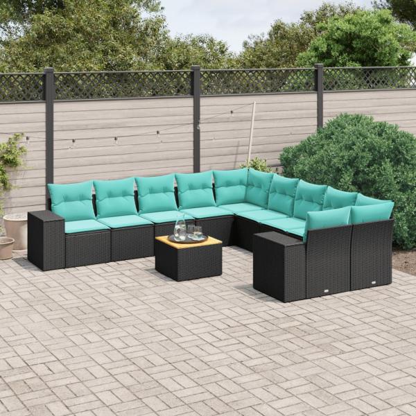 ARDEBO.de - 11-teiliges Gartensofa-Set mit Kissen, schwarzes Polyrattan
