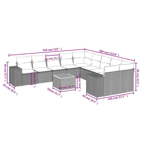 11-teiliges Gartensofa-Set mit Kissen, schwarzes Polyrattan