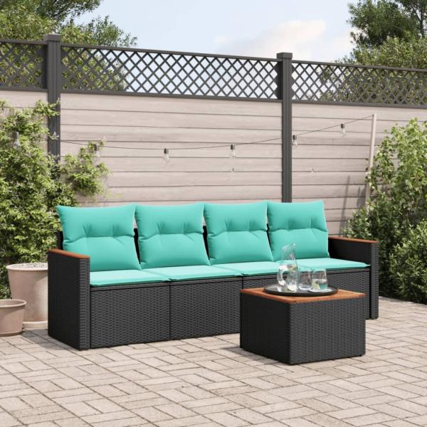 ARDEBO.de - 5-teiliges Gartensofa-Set mit Kissen, schwarzes Polyrattan