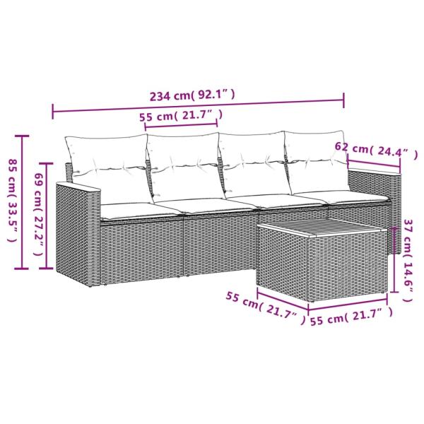 5-teiliges Gartensofa-Set mit Kissen, schwarzes Polyrattan