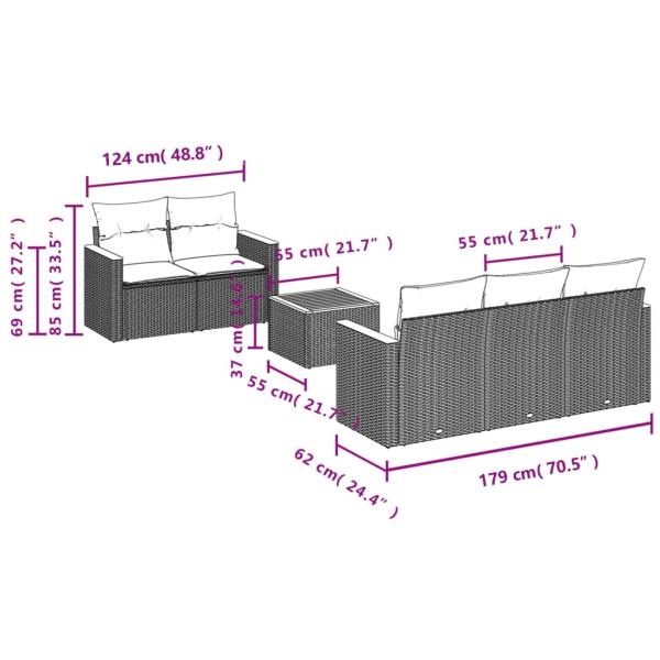 6-teiliges Gartensofa-Set mit Kissen, schwarzes Polyrattan