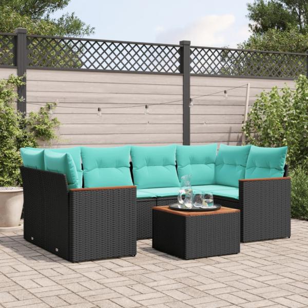 ARDEBO.de - 7-teiliges Gartensofa-Set mit Kissen, schwarzes Polyrattan