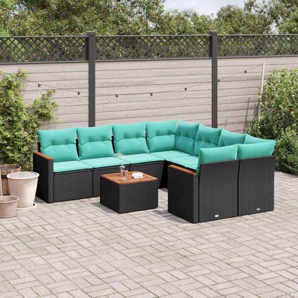 ARDEBO.de - 9-teiliges Gartensofa-Set mit Kissen, schwarzes Polyrattan